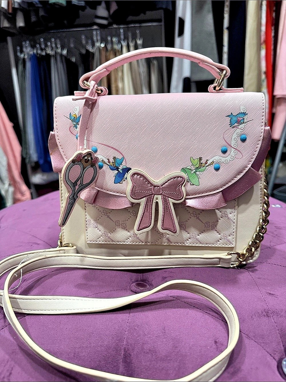 Danielle Nicole Disney Cinderella Sewing Mice Crossbody Bag Pink & White Bag